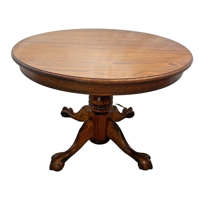 1980s Round Expansion Dining Room Kitchen Table Solid Cathedral Oak Carved Claw Feet For Sale - Image 10 of 15