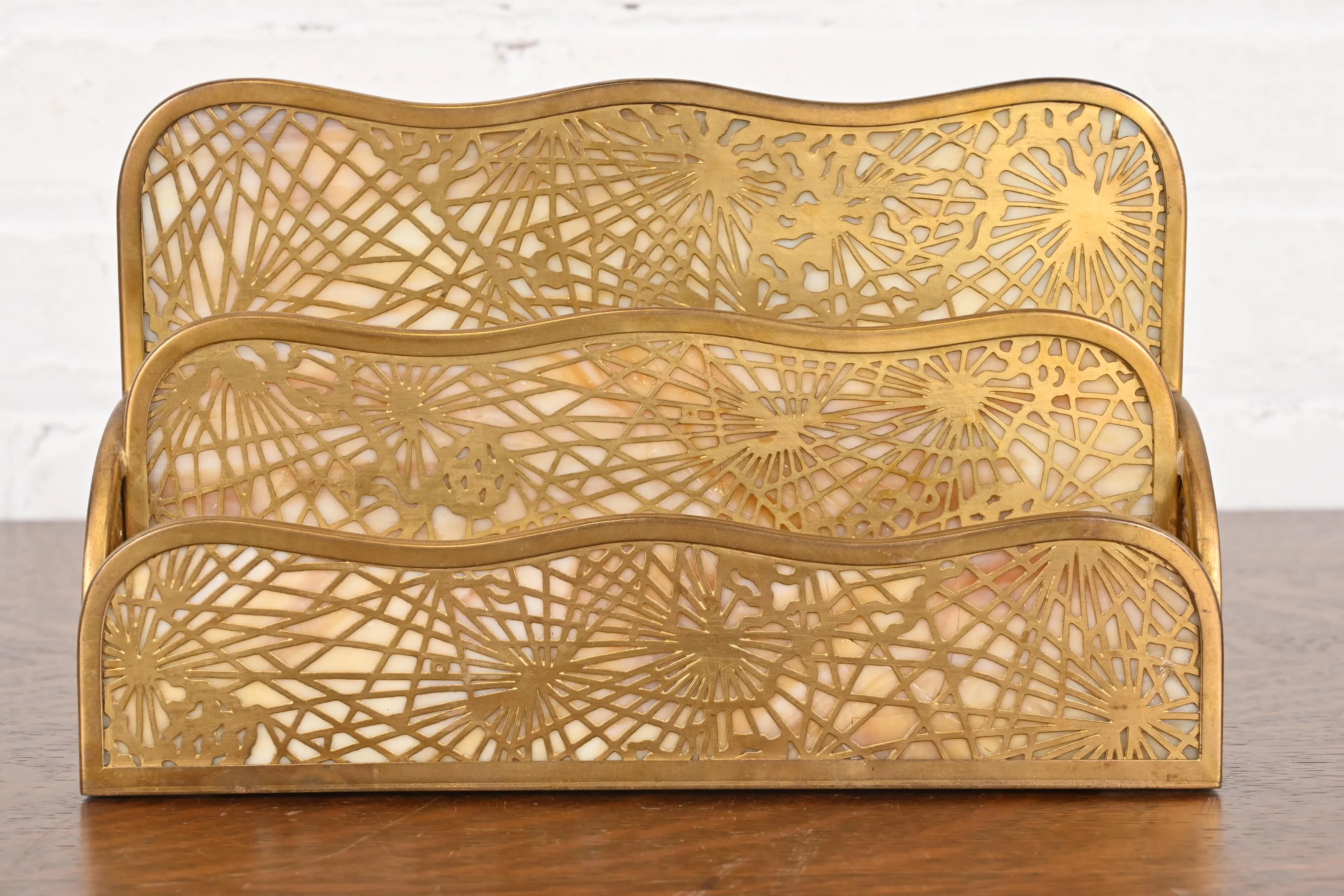 Tiffany Studios New York Pine Needle Bronze Doré and Favrile Slag