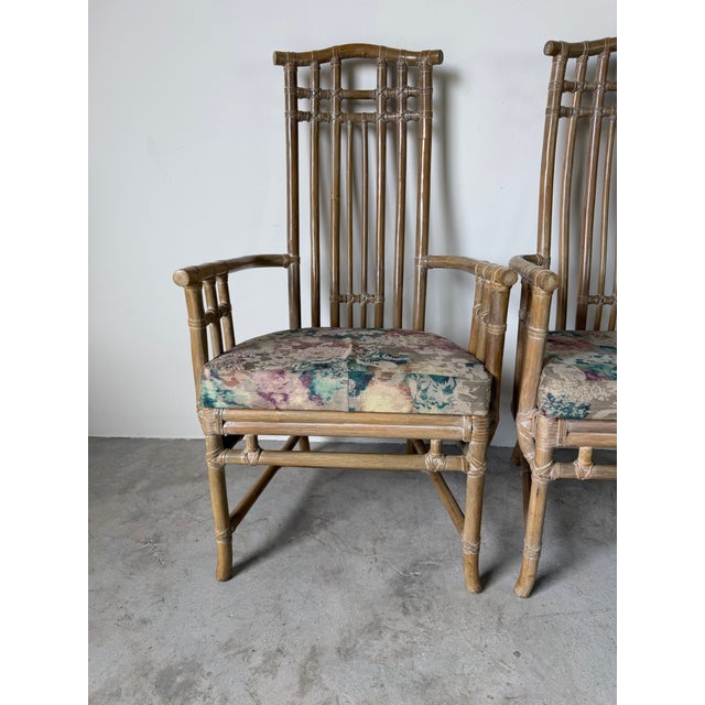 Vintage Coastal Organic Rattan and Leather Arm Dining Chairs – A Pair For Sale - Image 4 of 12