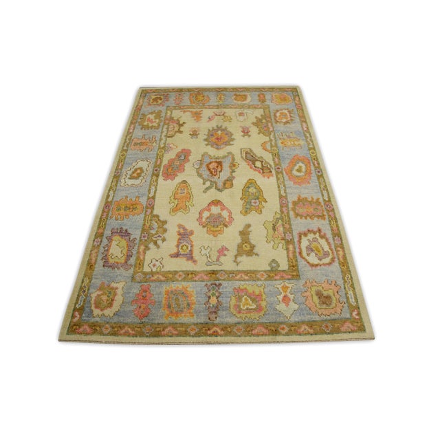 Early 21st Century Early 21st Century Blue & Pink Floral Design Handwoven Wool Turkish Oushak Rug 4'1" X 6'3" For Sale - Image 5 of 6