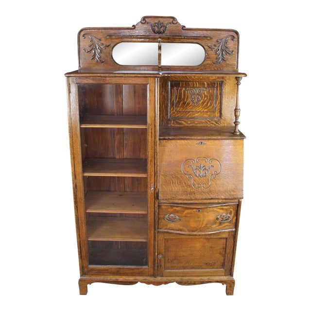 Antique Quartersawn Oak Side by Side Secretary Desk Bookcase Curio Cabinet For Sale