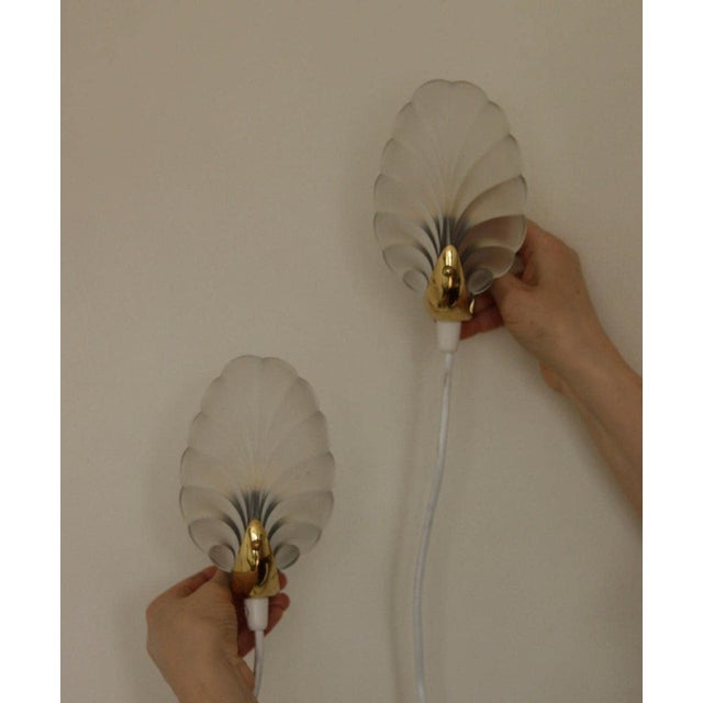 Art Deco Brass & Glass Shell Wall Lamps Denmark, 1930s Rewired, Working, E14, Set of 2 For Sale - Image 3 of 18