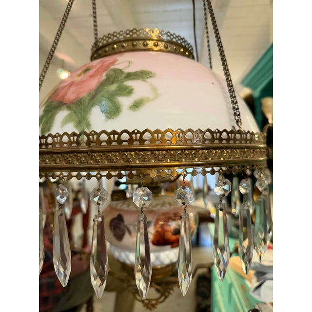 Antique Victorian Floral Painted Glass & Brass Hanging Chandelier With Crystal Prisms For Sale - Image 14 of 16