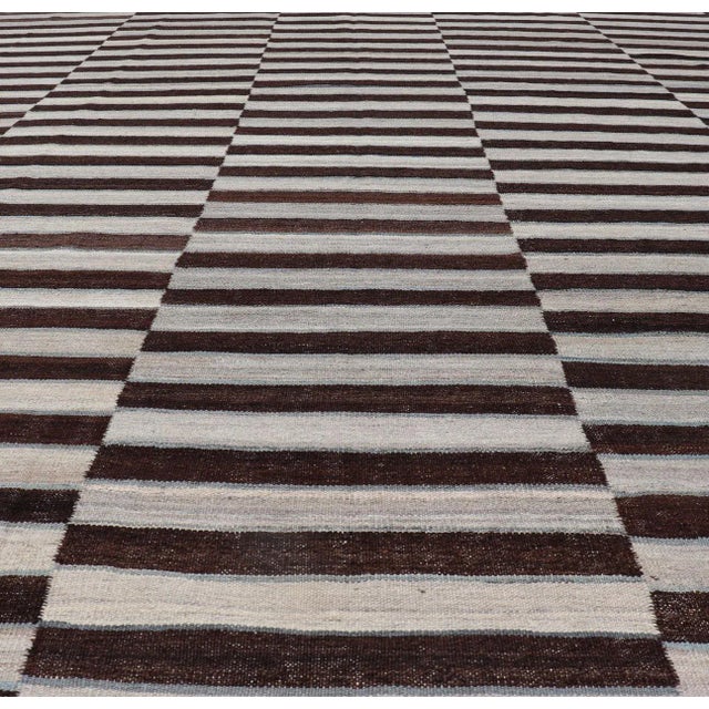 2020s Kilim Rug in Multi-Panel Striped Design With Chocolate Brown, Cream & Light Blue 8'9 X 11'9 For Sale - Image 4 of 13