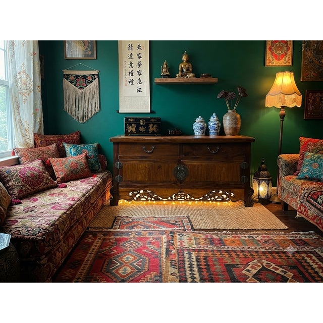 Wood Vintage Asian Brown Kirin Motif Low Tv Console Cabinet For Sale - Image 7 of 15
