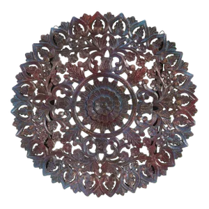 1990s 30” Round Lattice Carved Solid Wood Wall Panel