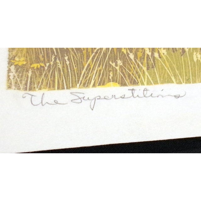 Impressionist Gordon Mortensen "The Superstitions" Signed Numbered Woodcut Arizona Buttes 1985 For Sale - Image 3 of 4