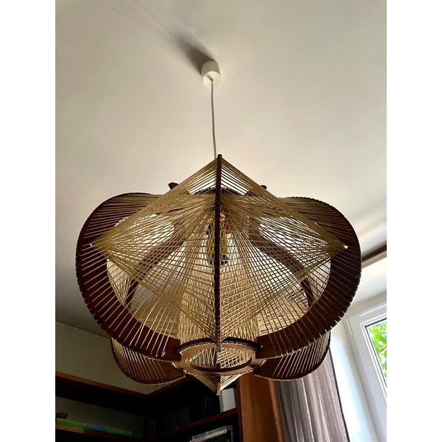 Scandinavian Cotton and Wood Pendant Light with Taut Wires, 1960 For Sale - Image 4 of 11