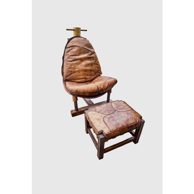 Brutalist Brazilian Chair and Hocker in Patched Leather, 1960s, Set of 2 For Sale - Image 4 of 18