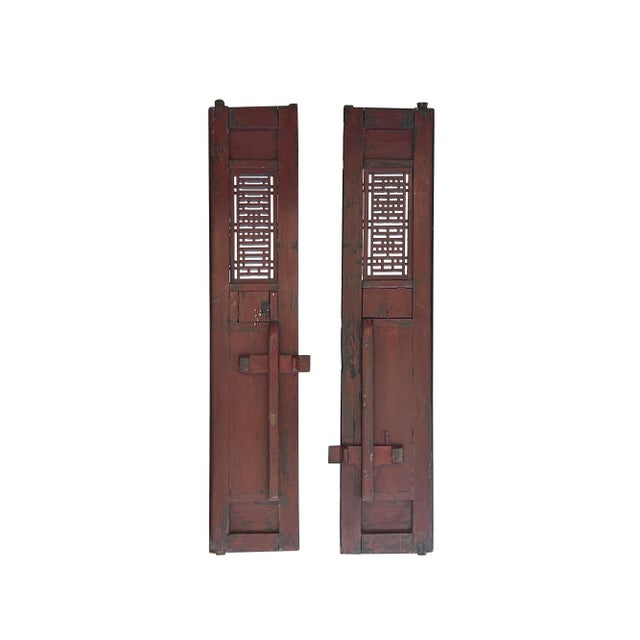 Pair of Vintage Chinese rustic distressed Brown lacquer Fujian Style Relief Carving Geometric Pattern Wood Tall Door...