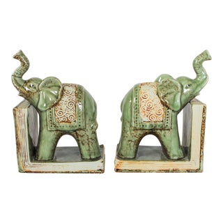 Pair of Ceramic Elephant Bookends For Sale
