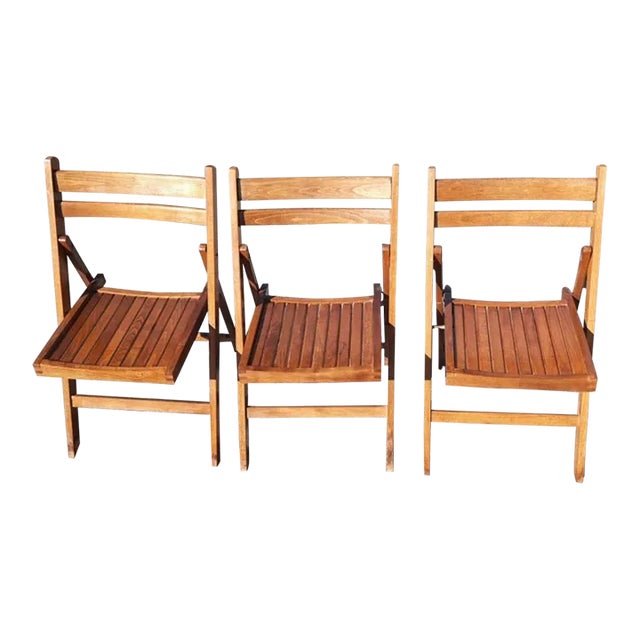 Vintage Romanian Wood Slats Ladder Back Folding Chairs For Sale