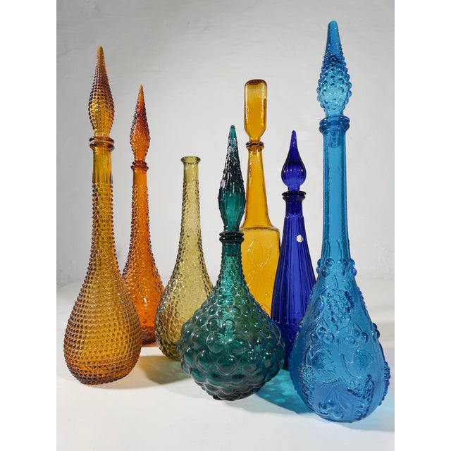 A Symphony of Saturated Light attributed to Empoli Genie Bottles, 1960s, Set of 7 For Sale - Image 6 of 13