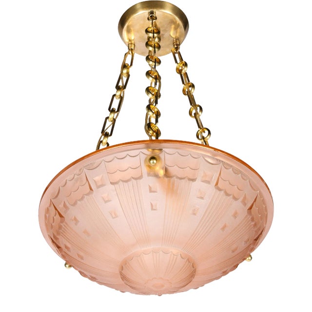 Art Deco Cubist Style Pendant Chandelier in Frosted Rose With Brass Fittings For Sale
