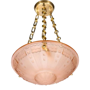 Art Deco Cubist Style Pendant Chandelier in Frosted Rose With Brass Fittings