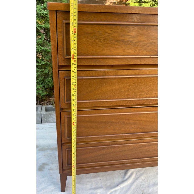 Brown Vintage Dixie Furniture Co. Walnut 5-Drawer Highboy Chest, Mid-Century Modern For Sale - Image 8 of 9