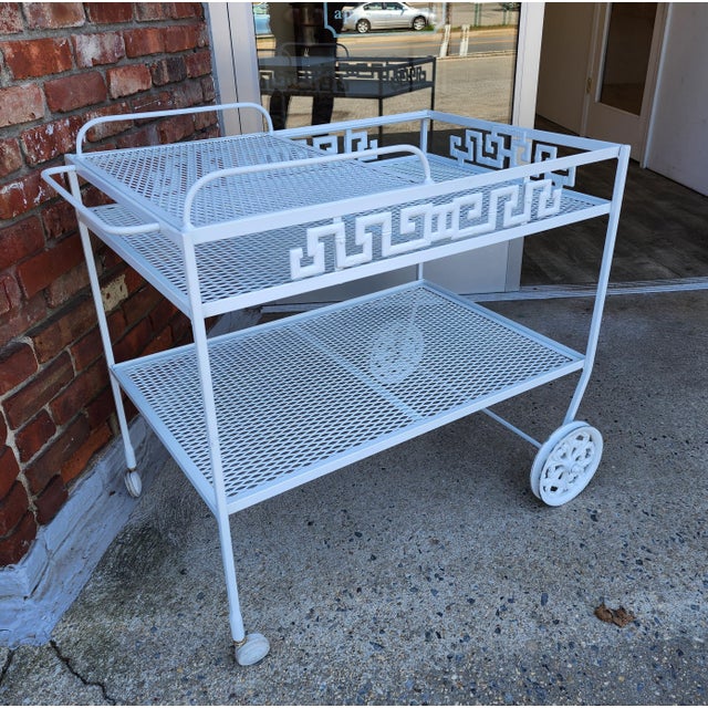Mid-Century Modern Vintage Faux Bamboo Greek Key Patio Bar Cart For Sale - Image 3 of 13