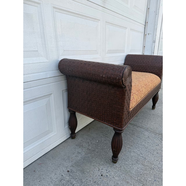 Vintage Boho Woven Rattan Wicker Scroll Arm Upholstered Bench For Sale In New York - Image 6 of 12