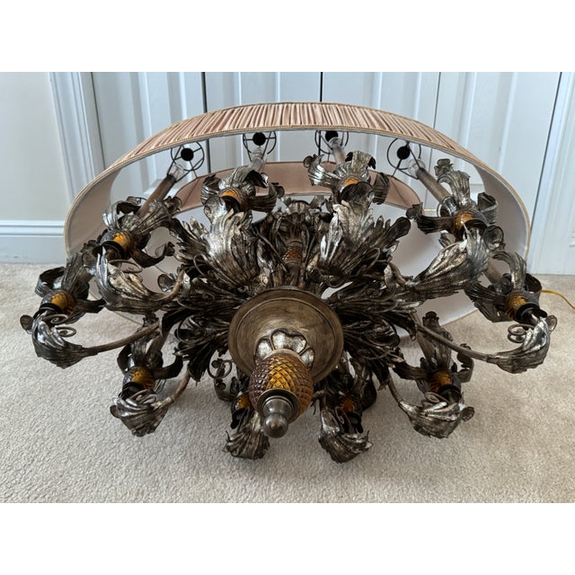 Vintage Fine European Gilt Silver Iron & Wood Double-Shaded Chandelier For Sale - Image 15 of 18
