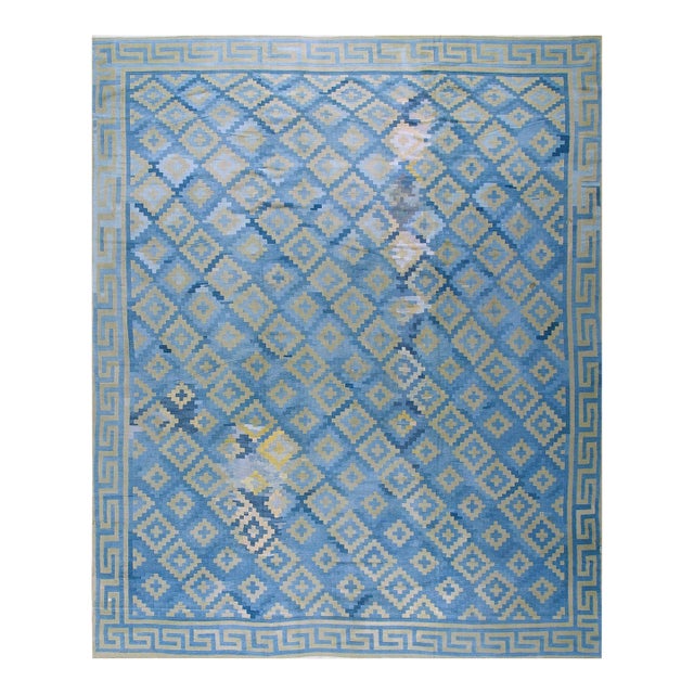 1930s Blue Geometric Tribal Antique Indian Cotton Dhurrie Rug 10' X 12'2" Flatweave Carpet For Sale