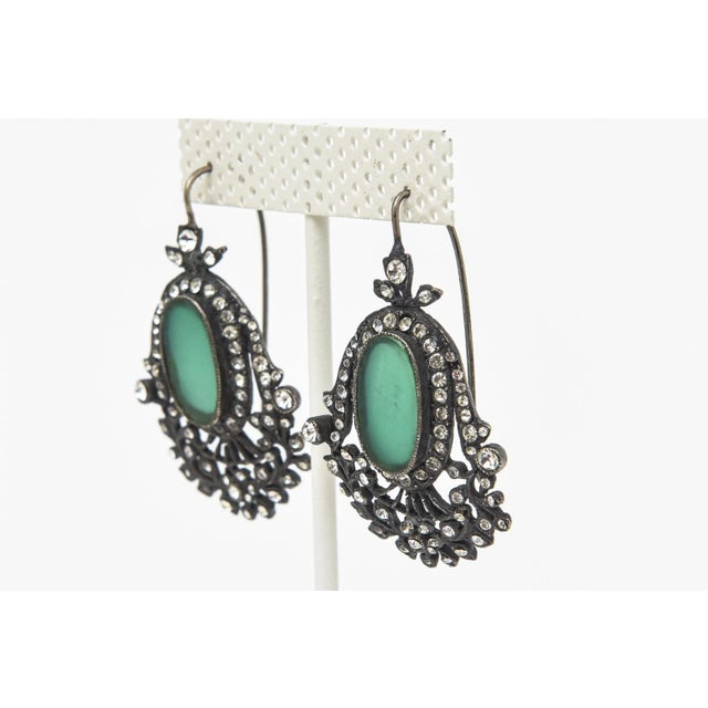 Vintage Czech Rhinestone, Rhodium, Silver, Green Glass Dangle Pierced Earrings - 2 Pieces For Sale In Miami - Image 6 of 10