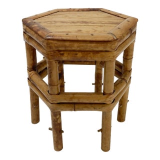 Vintage Hexagonal Scorched Bamboo Split Reed Plant Stand or Riser For Sale