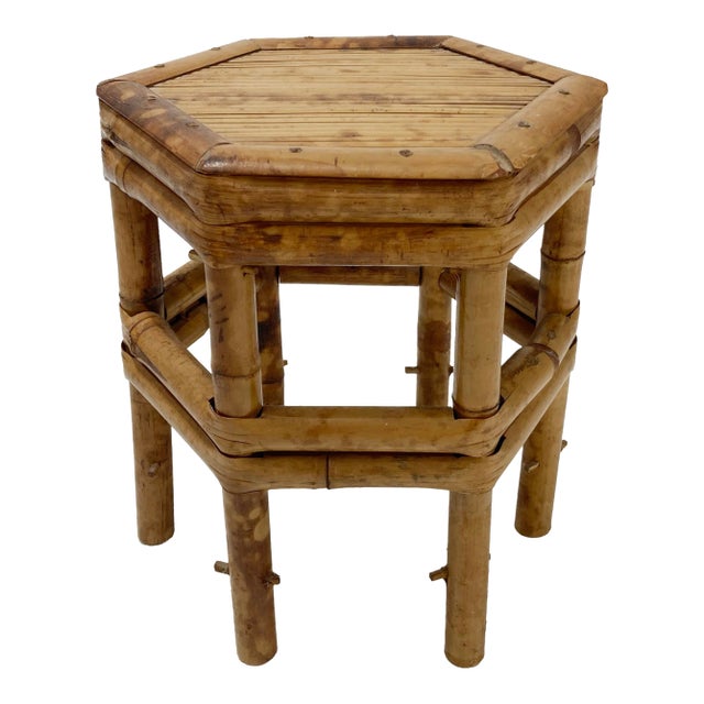 Vintage Hexagonal Scorched Bamboo Split Reed Plant Stand or Riser For Sale