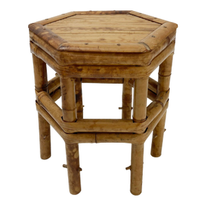 Vintage Hexagonal Scorched Bamboo Split Reed Plant Stand or Riser