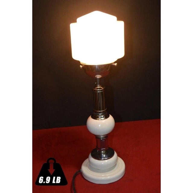 Modernist Art Deco French Chrome, Porcelain and Opaline Glass Table Lamp, 1940s For Sale - Image 11 of 18