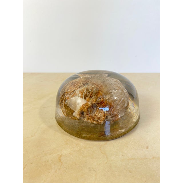 Substantial vintage resin dome paperweight encasing a genuine natural crystal/mineral specimen — rusty amber and rose-hued...