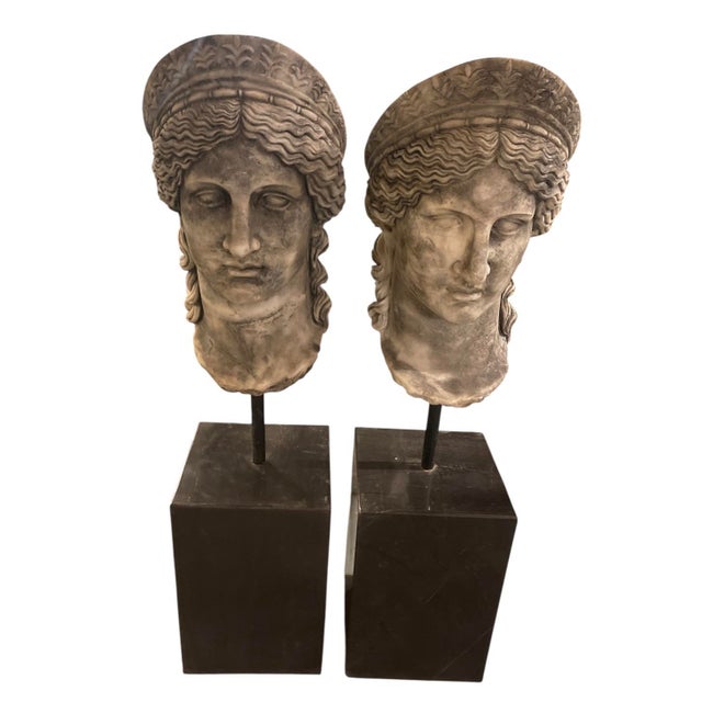 Pair of Neoclassical Style Carved Stone Busts on Marble Plinths For Sale - Image 4 of 11