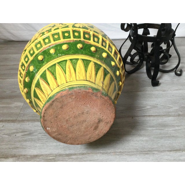 Large Yellow Tin Glazed Earthen Ware Pot on Stand - A Pair For Sale - Image 11 of 12