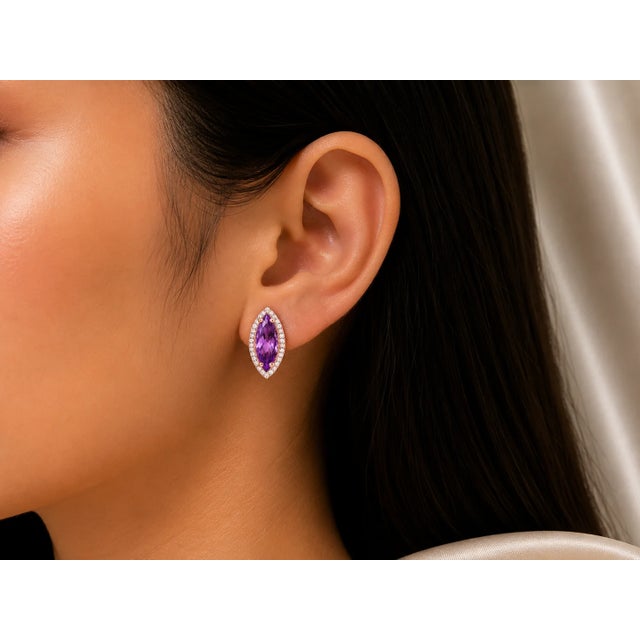 Modern 14K Pink Rose Gold Diamond Amethyst Designer Earrings For Sale - Image 3 of 3