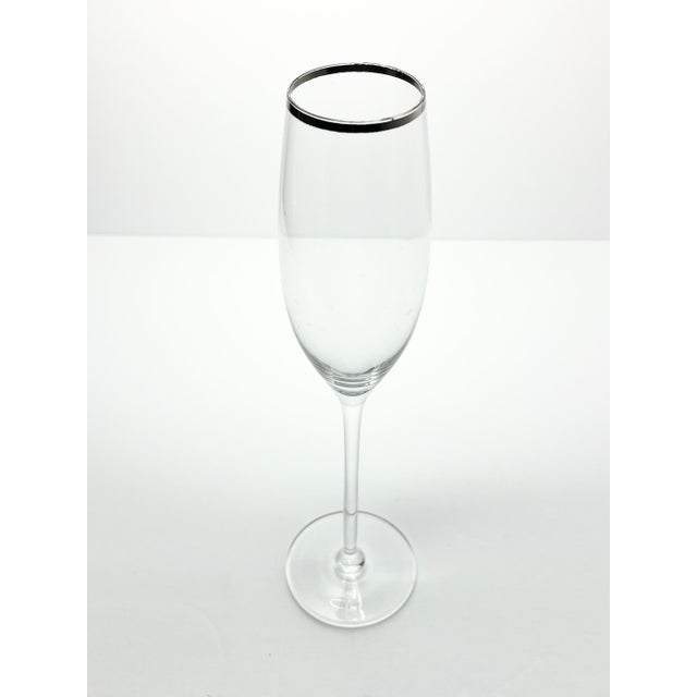 Pair of Contemporary Tall Fluted Silver Rim Champagne Glasses For Sale - Image 4 of 4