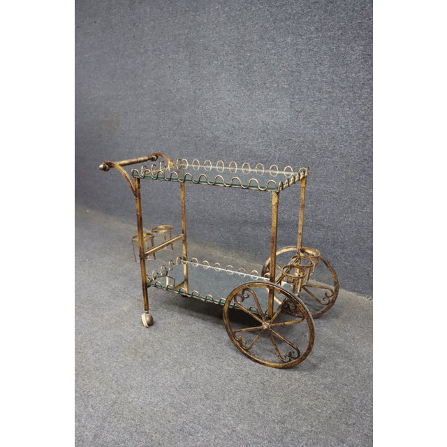 Hollywood Regency Hollywood Regency Gold-Finished Iron Bar Cart For Sale - Image 3 of 10