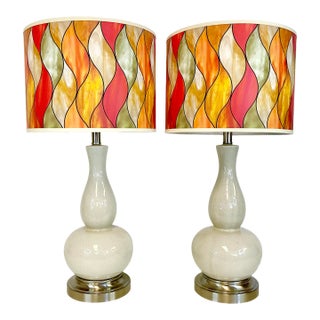1980s Double Gourd Crackle Ceramic Table Lamps, New Flame Shades - A Pair For Sale