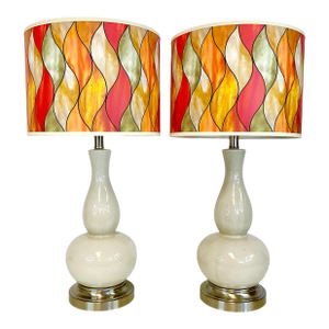 1980s Double Gourd Crackle Ceramic Table Lamps, New Flame Shades - A Pair.