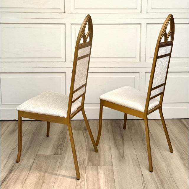 Pair of Hollywood Regency Gothic Revival Gold Dining or Accent Chairs in Ivory Bouclé For Sale In Los Angeles - Image 6 of 9