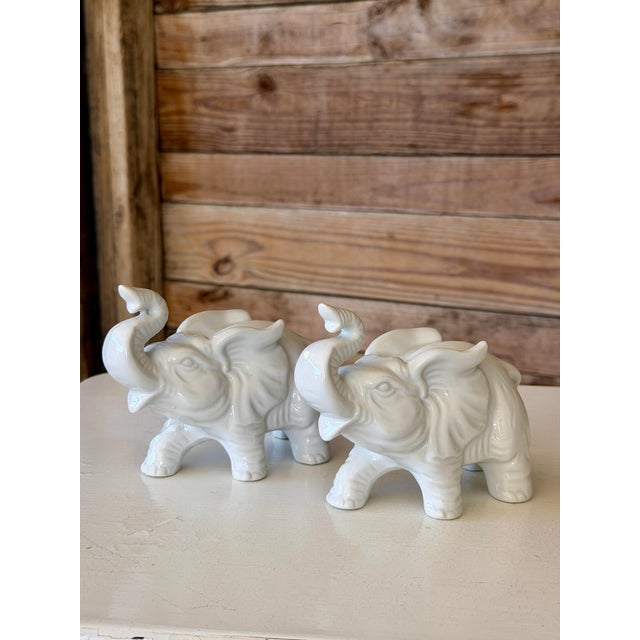 Late 20th Century Pair of Vintage Inarco White Glazed Elephant Figurines With Raised Trunks For Sale - Image 5 of 12