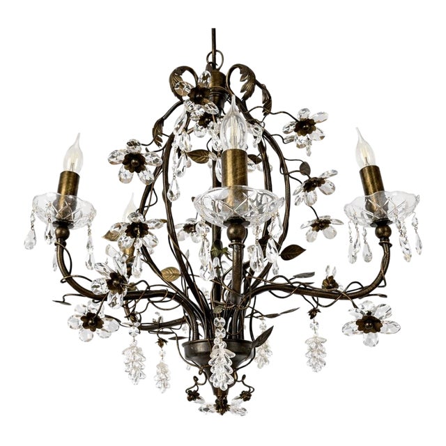 Large Vintage 1990s Wrought Iron Floral Chandelier With Crystal Flowers & Grape Details For Sale