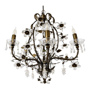 Large Vintage 1990s Wrought Iron Floral Chandelier With Crystal Flowers & Grape Details