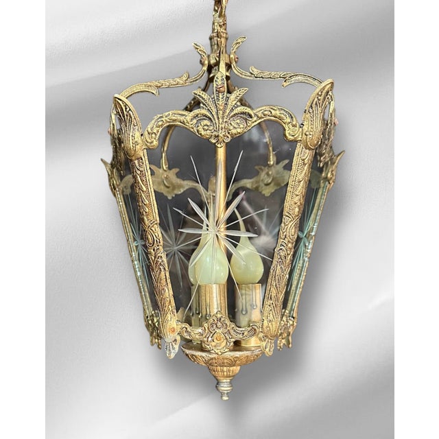 1920s Rococo Lanterns Pendant Lights With Etched Glass - a Pair For Sale - Image 12 of 15