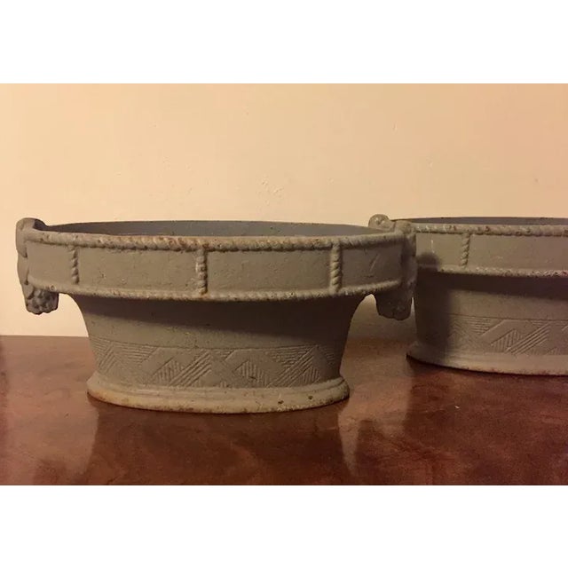 French Art Deco Cast Iron Oval Basket Form Garden Urns - A Pair For Sale - Image 10 of 13