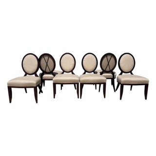 Barbara Barry for Baker Oval X Back Linen Upholstery Dining Chairs, Set of 6 For Sale