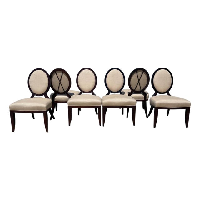 Barbara Barry for Baker Oval X Back Linen Upholstery Dining Chairs, Set of 6 For Sale