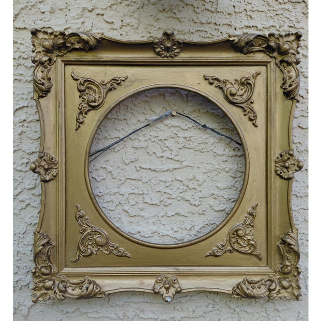 Mid-Century Ornate Gold Painted Square Wood Frame With Round Opening For Sale - Image 15 of 15