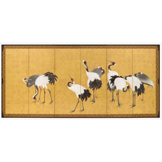 18c Edo Japanese Screens Pair Cranes Gold Leaf on Paper Signed Antique Framed Set of Two Folding Byobu For Sale - Image 14 of 15