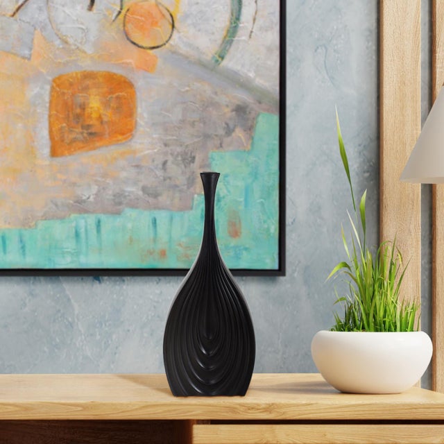 Contemporary Black Onion Tapered Low Ceramic Vase For Sale - Image 3 of 11