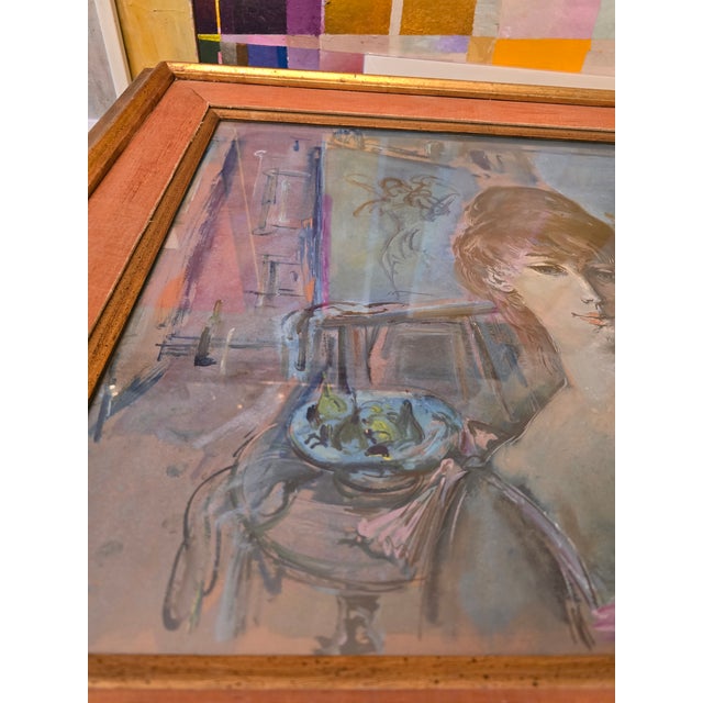 Glass Mid Century Modern Signed Painting Girl in Boudoir, Framed For Sale - Image 7 of 12