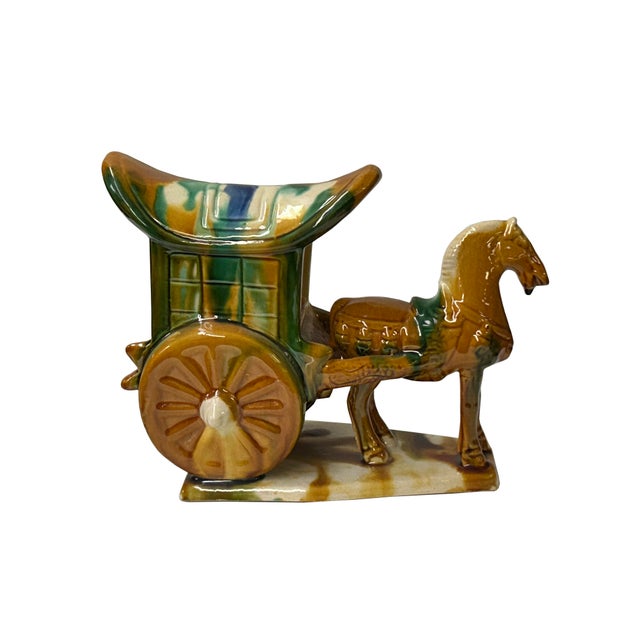 Oriental Tri-Color Green White Yellow Ceramic Horse Cart Art Figure For Sale - Image 4 of 10